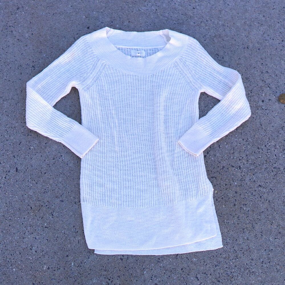 Ribbed Boat Neck Sweater XS Cream High-Low Side Slit Cotton Knit Pullover